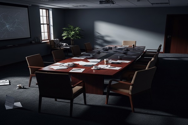 Empty meeting room with papers scattered